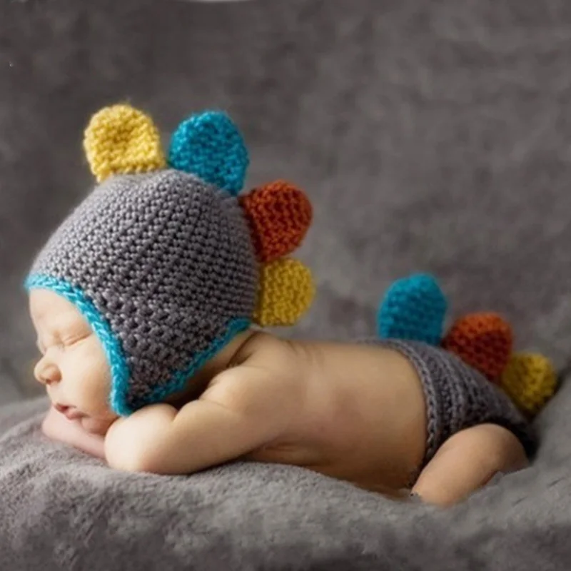 Newborn Baby Cartoon  Dinosaur Photography Props Infant  Knit Costume Handmake Manual Cotton Warm Gift Props For0-3M