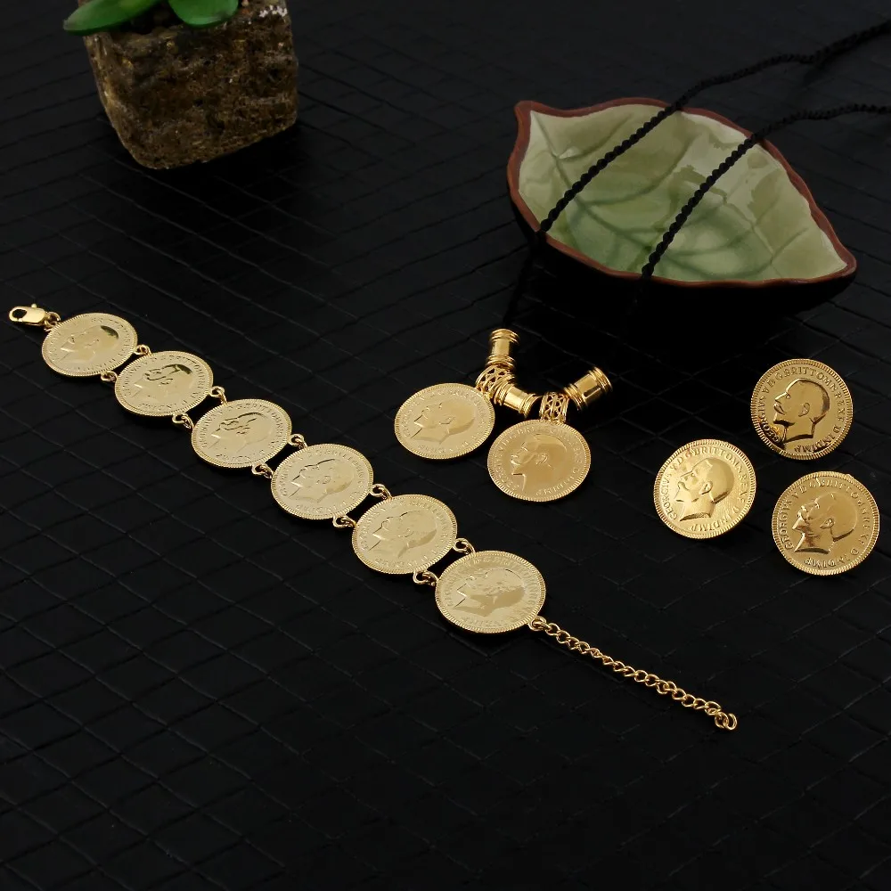 

Sky talent bao Gold Coin Jewelry sets Ethiopian portrait Coin set Necklace Pendant Earrings Ring Bracelet Size black rope chain
