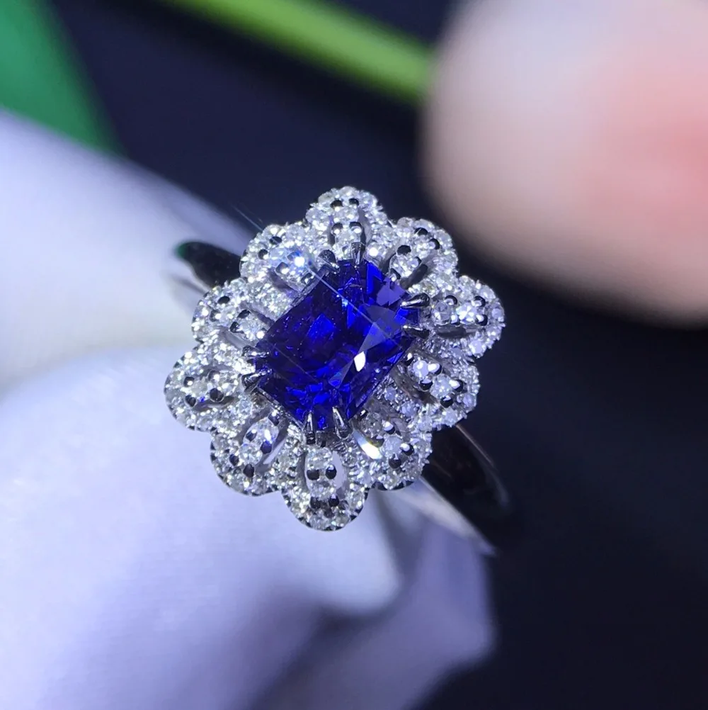 Ювелирные изделия Настоящее 18K Белое Золото 100% натуральный 1.04ct синий сапфир