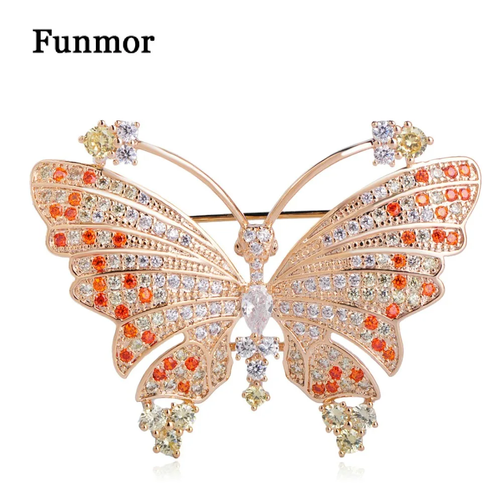 Роскошная брошь бабочка FUNMOR с микрозакрепкой из фианита золотого цвета Медные