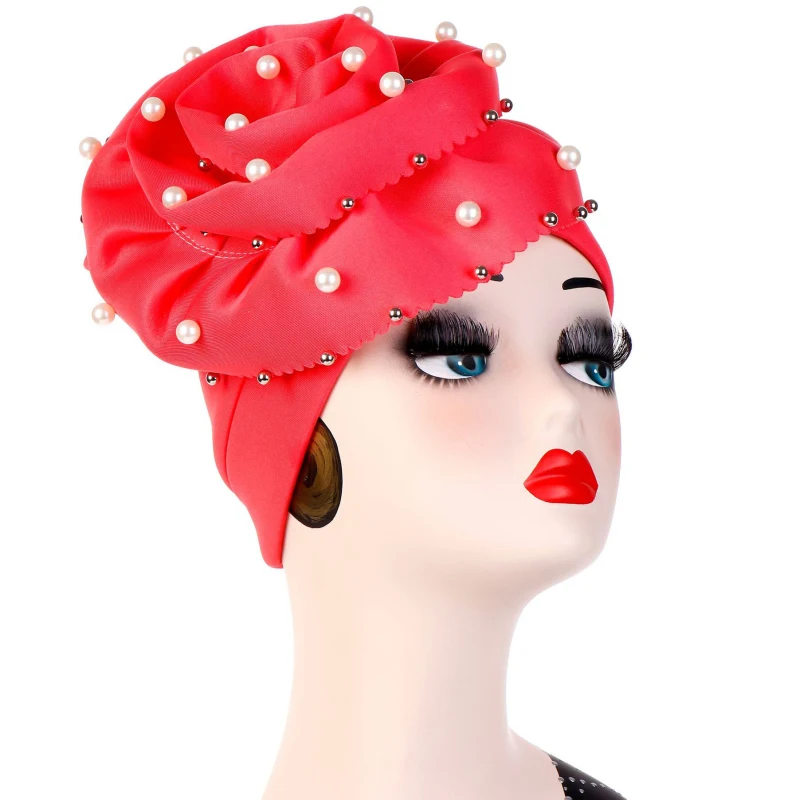 

HT2317 2019 New Pearl Flower Beanie Cap Solid Turban for Women Muslim India Hat Cap Big Flowers Women Skullies Beanies Women Hat