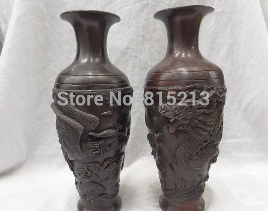 bi001124 11&quot Chinese Bronze Fly Dragon Phoenix Ball Statue Flower Twin Vase Pot Pair | Дом и сад