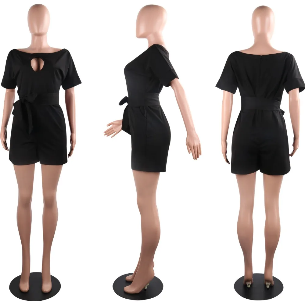 

2019 Summer Hot Style Solid Color Short O-Neck Hollow Out Sashes Slim Streetwear Jumpsuits Women Rompers Female Playsuits