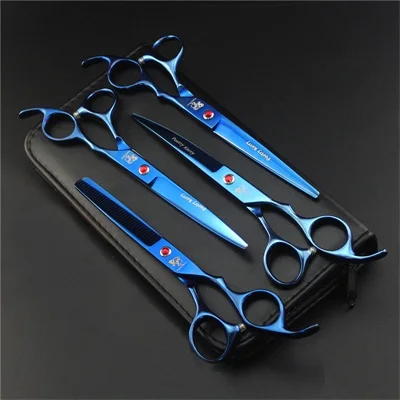 blue PK-704 Профессиональные 7,0 дюймовые ножницы для ухода за домашними животными, наборы для собак, ножницы для стрижки волос, прямые и истончающие и изогнутые ножницы - Цвет: blue PK-704