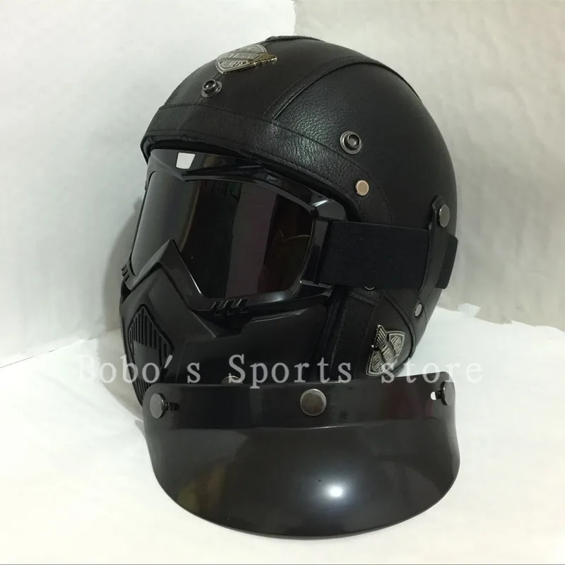 Vintage leather motorcycle helmet Retro Scooter Men/women's 3/4 Moto casco Goggles Mask for open face | Автомобили и