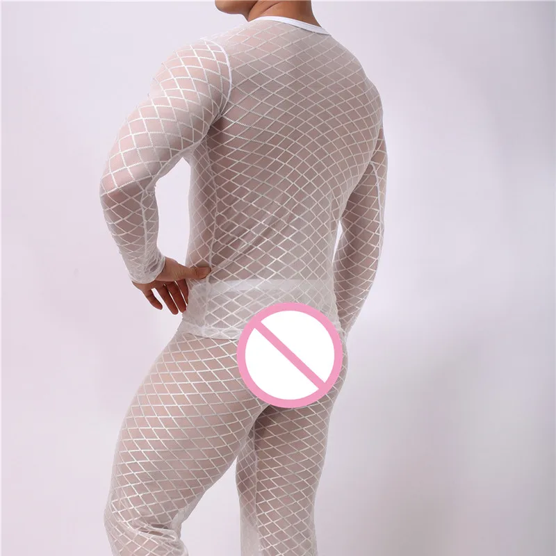 

Mens Sexy T-shirt Transparent Mesh Long Sleeve T Shirts Gay Exotic Clubwear Fetish Undershirts Male Sleepwear Tops Tee