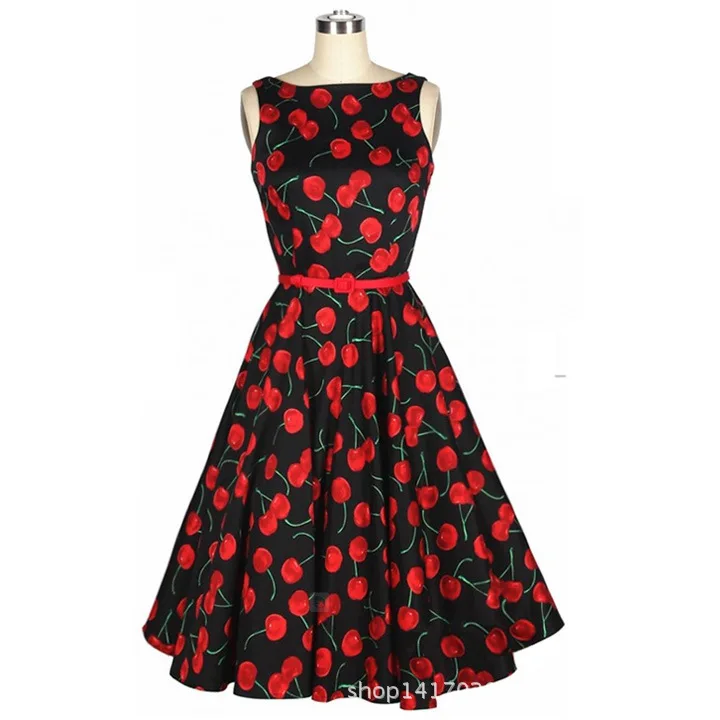 Новая мода 2018 платье Для женщин Винтаж вишня с принтом рукавов плиссированные