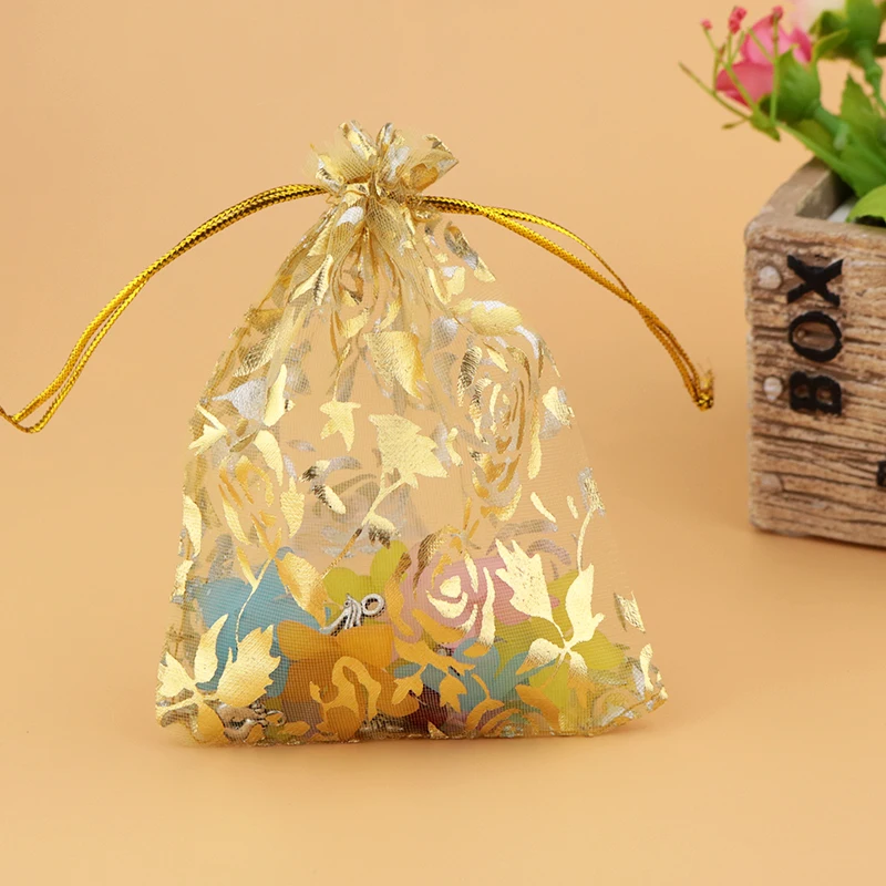 

New Fashion 100pcs Gold Rose Print Organza Wedding Party Favor Gift Candy Jewellery Bags Pouches 13x18cm