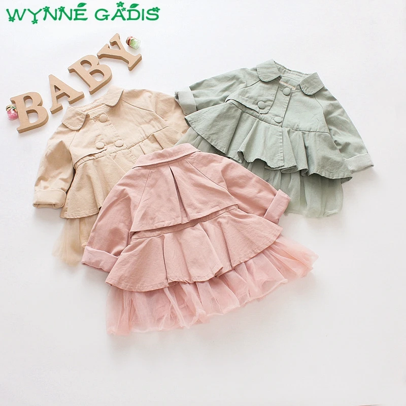 Осенний однотонный сетчатый Тренч для маленьких девочек с длинным рукавом и