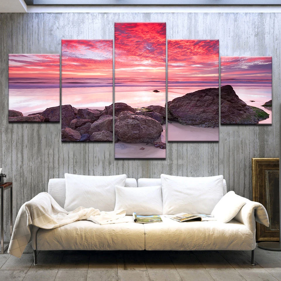 5pcs HD Printing Canvas Painting Beach Sunset Seaside Art Group Home Decor Wall Poster Modular Photos | Дом и сад