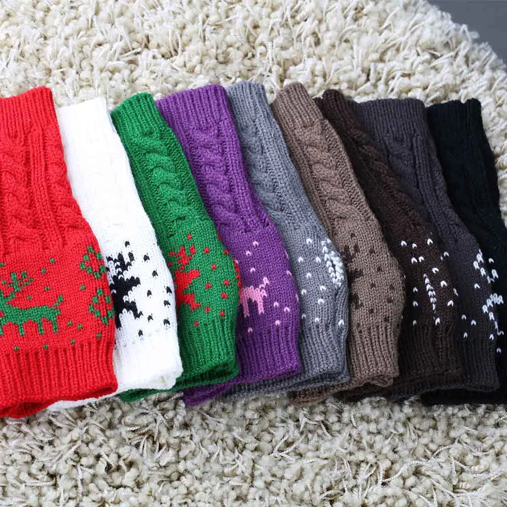 

Winter Gloves for Women Christmas Elk Crochet Knitted Fingerless Gloves Short Wrist Warm Mittens Red Green Party Female Gloves