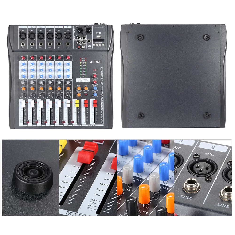 Ammoon 60S USB 6 каналов Mic Аудио миксер микшерная консоль 3 полосный эквалайзер XLR вход