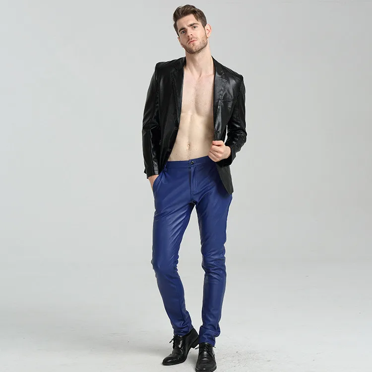Брюки Карандаш мужские из ПУ кожи красные синие белые|pu leather pants men|leather menfashion trousers |