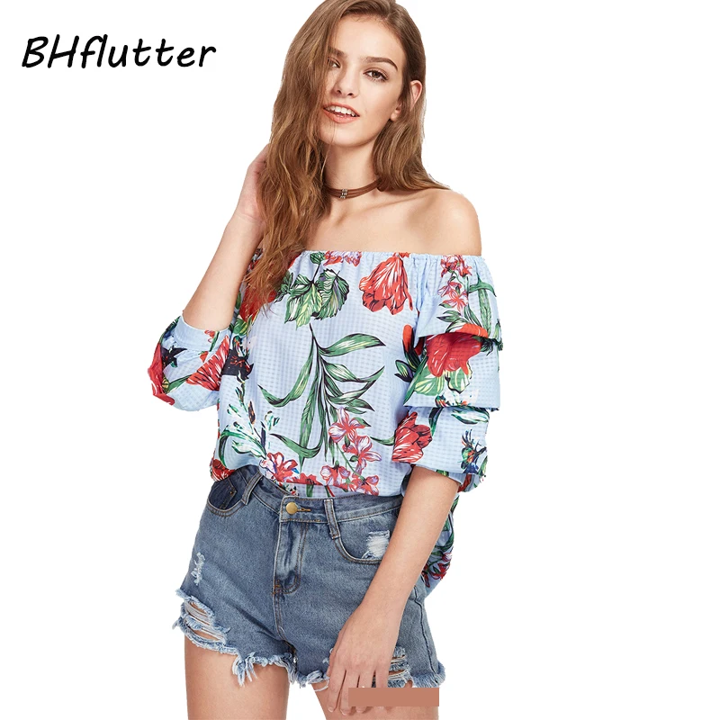 BHflutter С Плеча Блузка Рубашка Женщины Шифон Топы Sexy Slash Шеи Цветочный Принт Летние