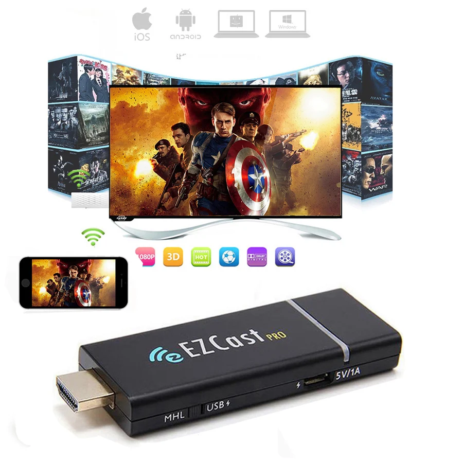 Ezcast Pro Chrome Литой ТВ Stick MHL/HDMI ключ 2x DDR3 Mini PC полосой пропускания Wi Fi трансивер 4 Сплит