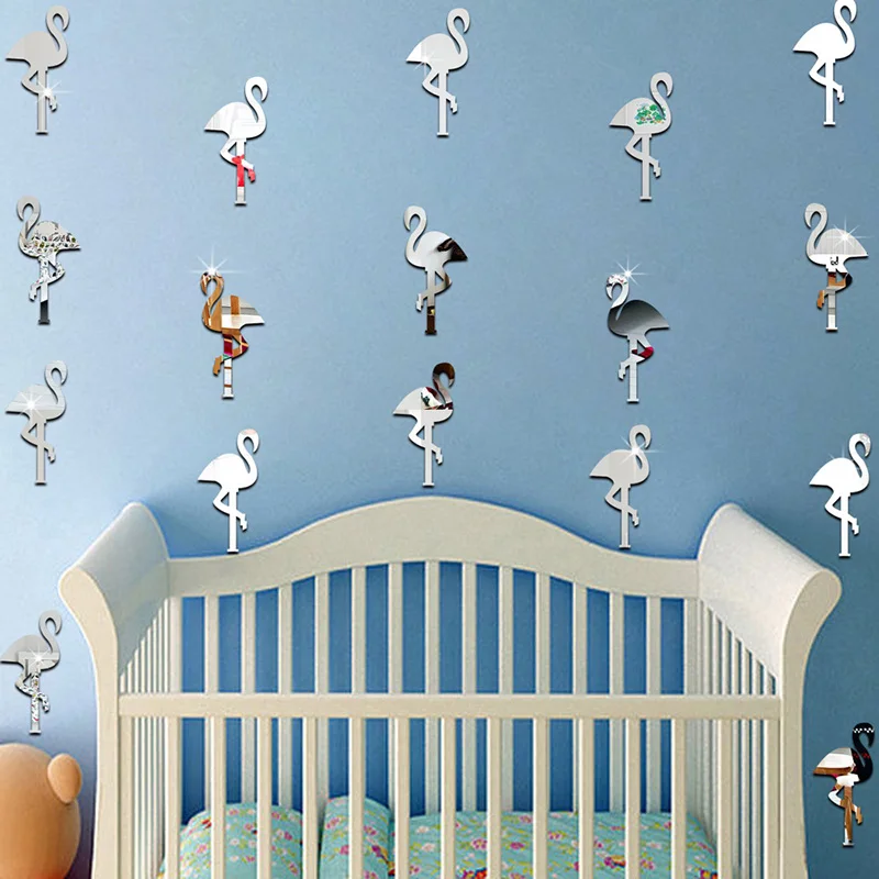 

14pcs Mini 3D Mirror Wall Stickers Acrylic Cartoon Flamingo Sticker Wall Art Removable for Kids Room Livingroom Home Decoration