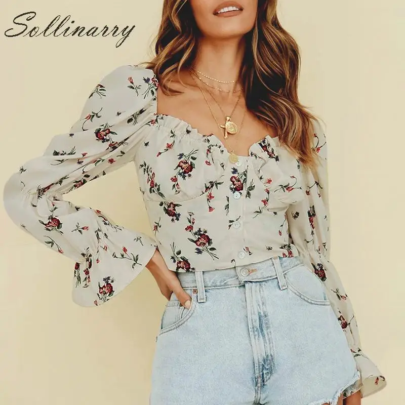 Sollinarry Высокая талия Мода короткая блузка рубашка для женщин 2019 с длинным рукавом