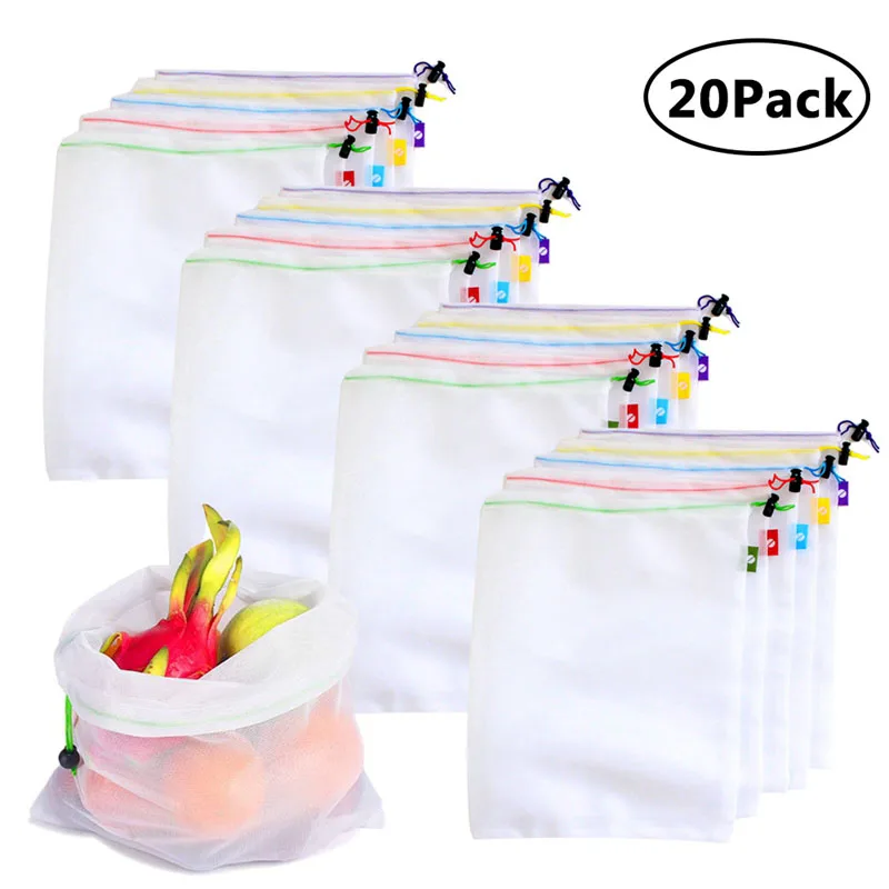 20pcs Многоразовые мешки Премиум моющиеся сетки производят сумки для продуктовых покупок хранения фруктов овощей сада производят сетчатые сумки - Цвет: 20pcs