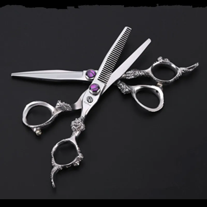 

Purple Dragon 6 inch Hairdressing Japanese Steel 440c Scissors Silver Dragon Handle Flat Blade Hair Clipper Scissors for Barbers