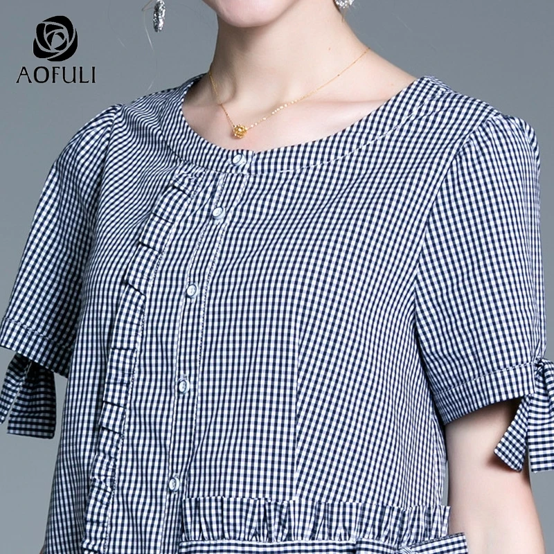 Платье-рубашка AOFULI L ~ 3XL 4XL клетчатое с принтом летнее коротким рукавом