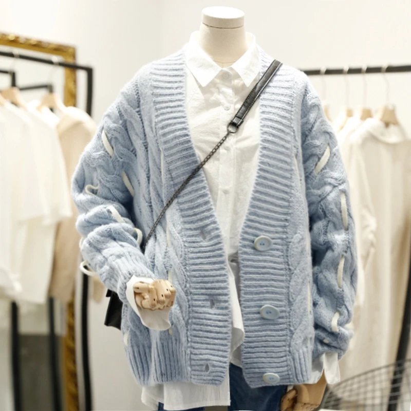 2019 Women New Autumn Winter Knitted Sweater Cardigan Female Jacket Loose V Neck Coat |
