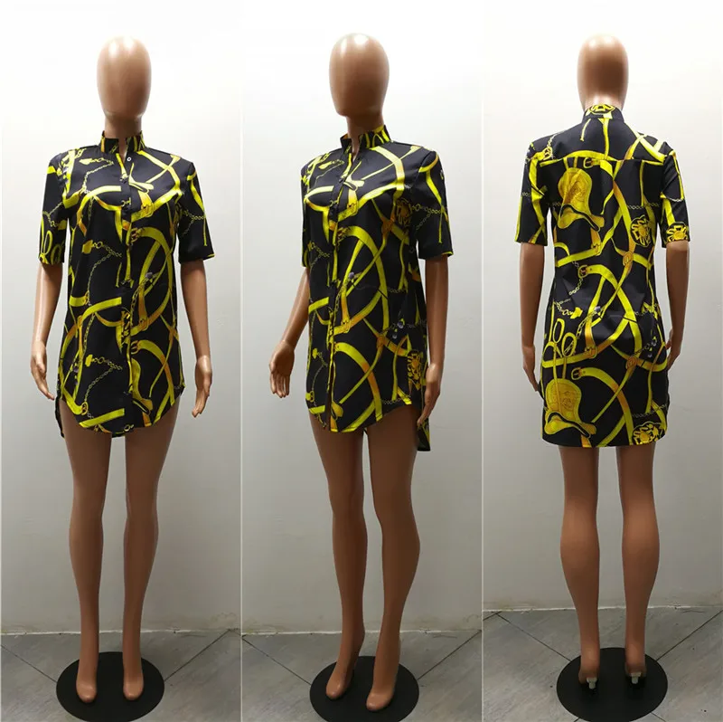 Блузка женская с коротким рукавом и отложным воротником золотыми цепочками|printed
