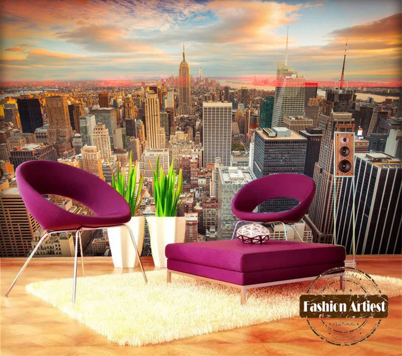 Пользовательские 3d современный вид города обои росписи Нью-Йорк восход пейзаж ТВ