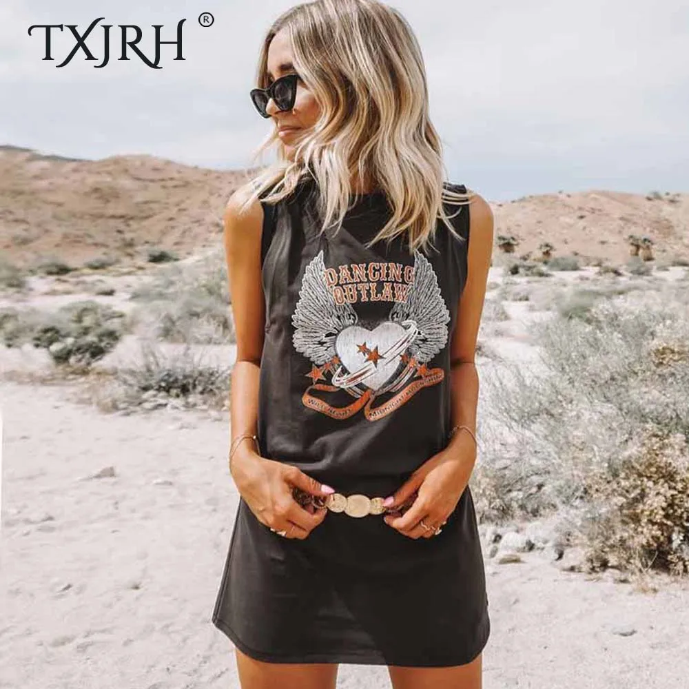 TXJRH, винтажные любовные сердца, крыло, буквенный принт, панк стиль, сексуальный круглый воротник, летняя Женская Корейская уличная одежда, безрукавка, средней длины, топы