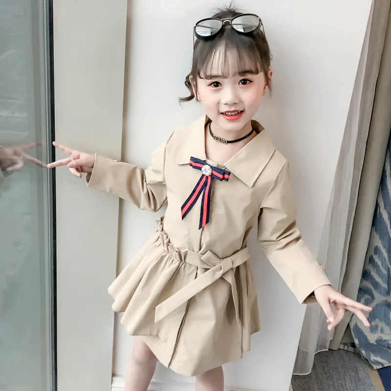 

Girls Trench Coat 2019 New Spring Autumn Fashion Cotton Turn Down Collar Khaki With Bowknot Decoration Coat For Girls 3-11Y