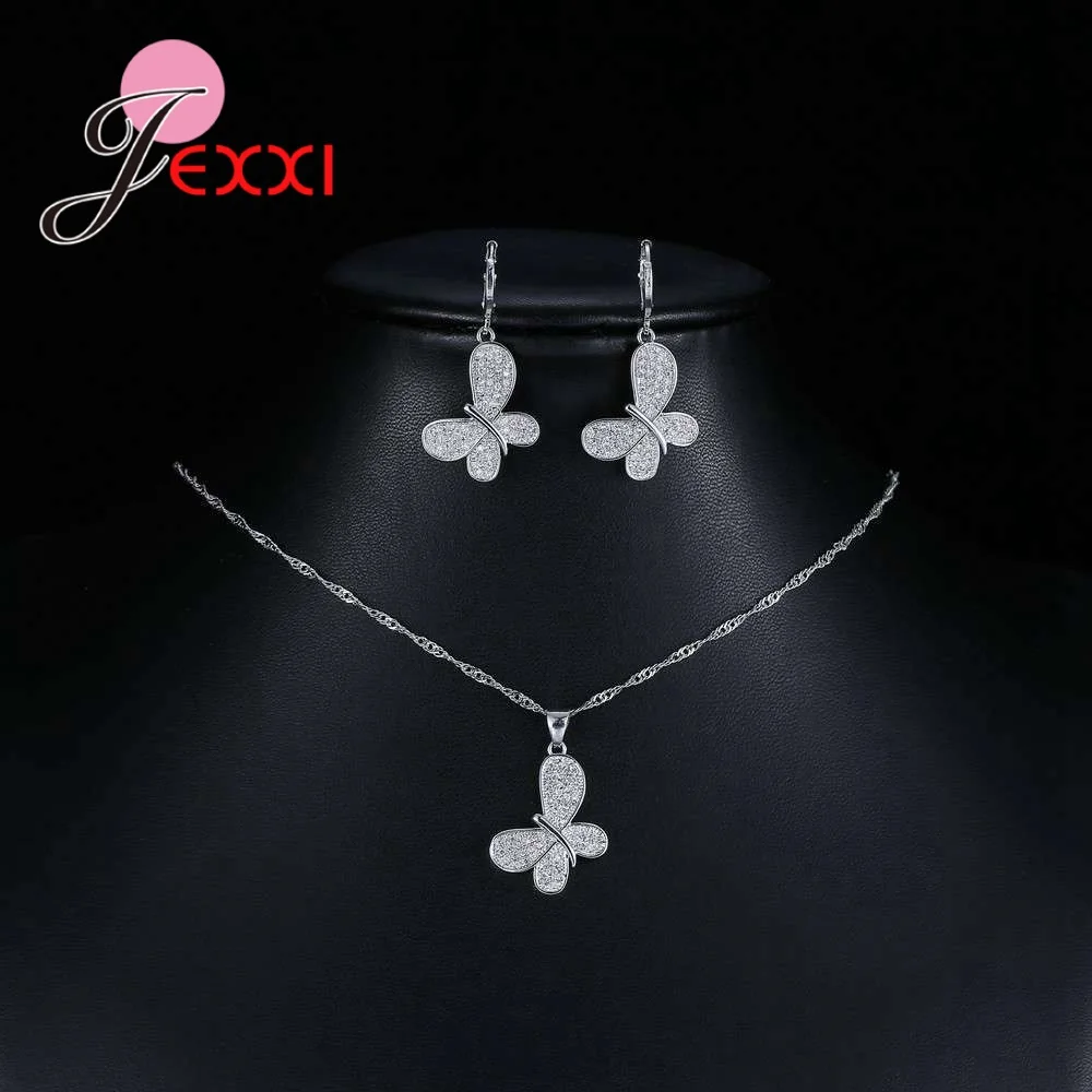 

New Trendy Butterflies 925 Sterling Silver Jewelry Sets With Clearly White CZ Pendant Necklace Dangle Earrings Set Women