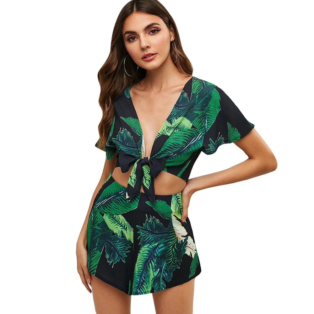 ZAFUL Женский комплект из двух предметов топ с глубоким вырезом коротким рукавом