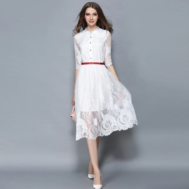 New Dress 2017 Весенняя Мода Выдалбливают Элегантный Белый Черное Кружево Партия