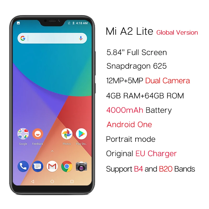 Xiaomi Mi A2 Lite 4 Гб 64 глобальная версия 5 84 ''Snapdragon 625 мобильный телефон 12MP AI двойная
