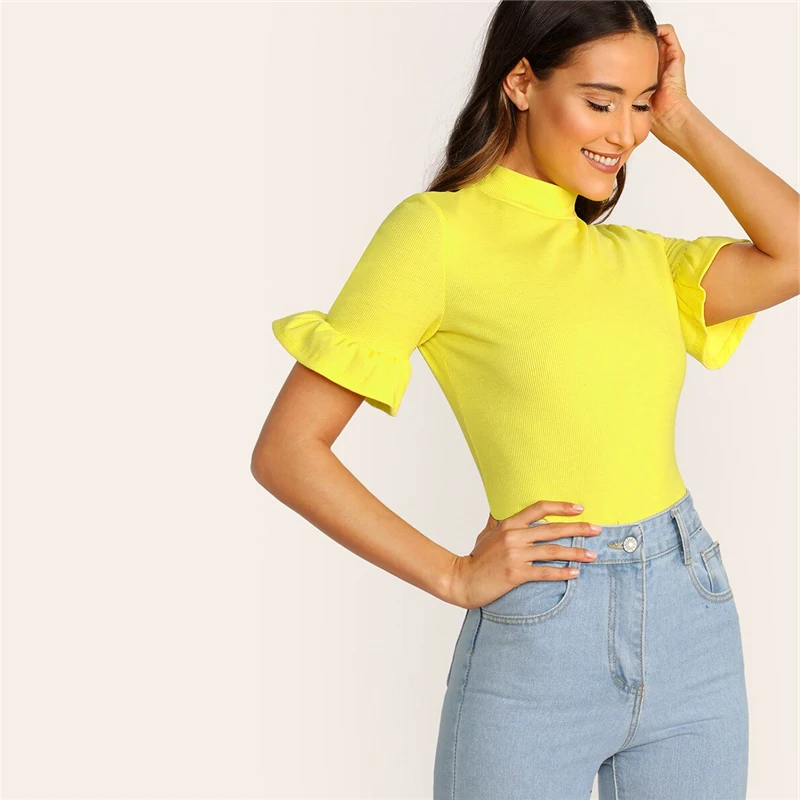 SHEIN модная футболка с воротником-стойкой и манжетами,, элегантная женская одежда, летняя футболка, топы с рукавами-стойкой