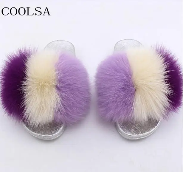 Rice purple COOLSA/женские зимние плюшевые тапочки на плоской подошве; теплые тапочки с лисьим мехом; женские пушистые тапочки; меховые шлепанцы; вьетнамки - Цвет: Rice purple
