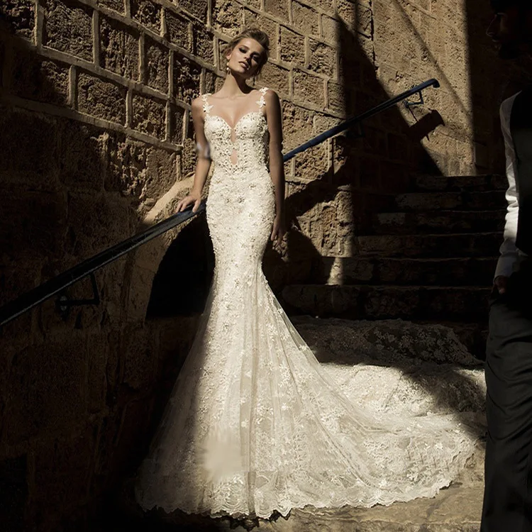 Robe de mariage Элегантное Длинное платье русалки кружевное свадебное 2020 с открытой