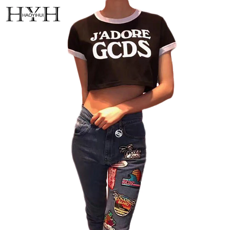 HYH HAOYIHUI 2017 Summer Solid 3 Colors Casual T shirt Women O Neck Short Sleeve Crop Tops Letter Printed Streetwear Preppy Tees|t-shirt women|tops