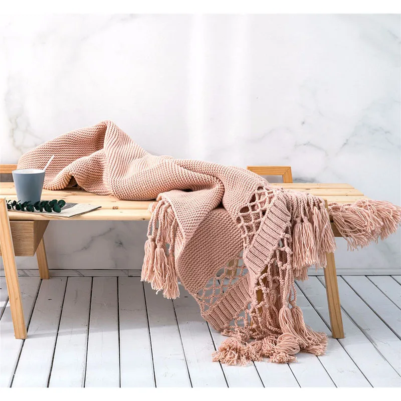 

CHAUSUB Acrylic Handmade Knitted Blanket Solid Color Travel Blankets Shawl Leisure Home Plane Throw Blanket 125*180cm