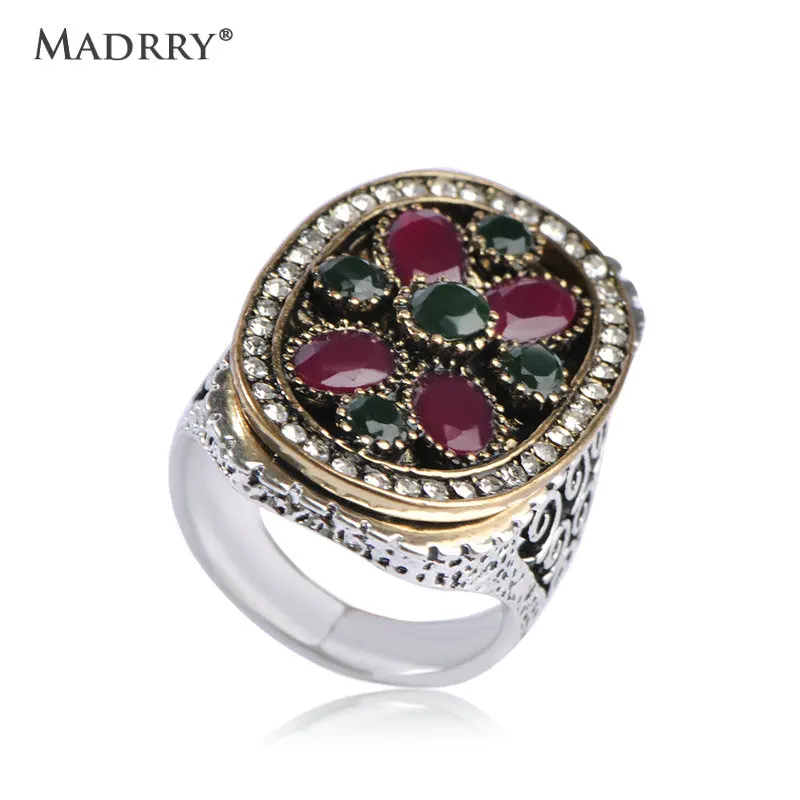 

Madrry Vintage Turkish Oval Flower Rings Resin Crystal Big Ring Silver Color Women Party Wedding Decoration anillos mujer bague