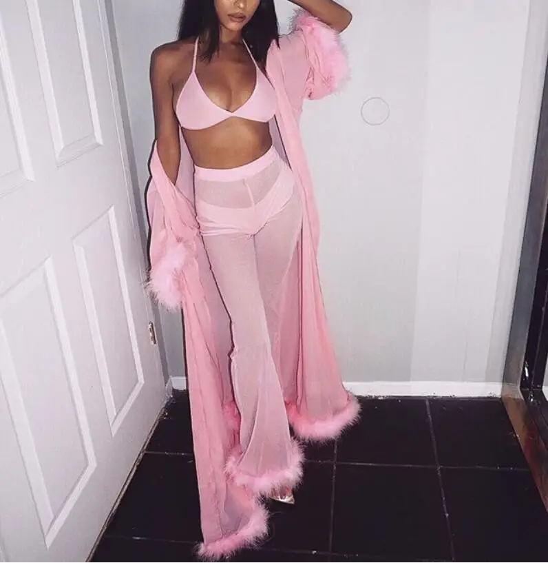 Sexy See Through Pink Mesh Tracksuits Autumn Women Costume Two Piece Set Long Sleeve Fluffy Crop Top And Pants Streetwear | Женская