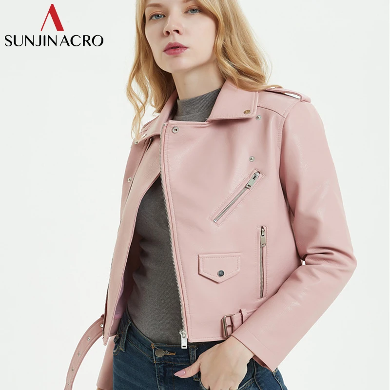 SUNJINACRO куртка из искусственной кожи PU мотоциклетная на молнии винно Красная