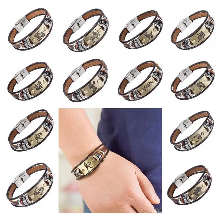 

Mibrow Fashion 12 Zodiac Signs Bracelet for Men Women Stainless Steel Clasps Genuine Leather Bracelet Men Jewelry Drop Shipping