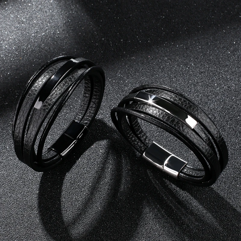 Mozo Fashion Для мужчин Очаровательные простые классические Браслеты Многослойные Кожаные браслеты Нержавеющая сталь магнитной застёжкой Для мужчин браслет 032