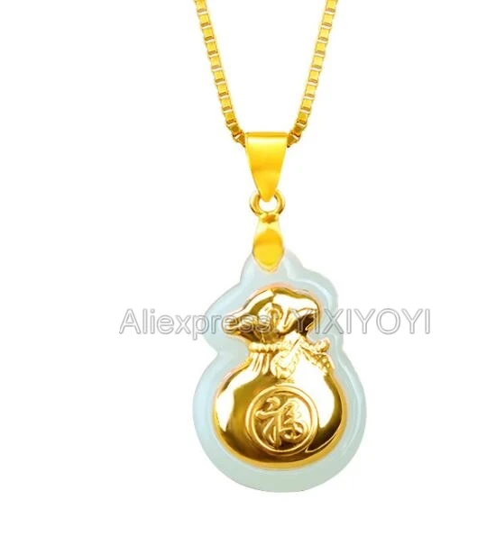 

Beautiful Natural White Hetian Jade + 18K Solid Gold Inlaid Chinese Fu MOney Bag Lucky Pendant + free Necklace Fine Jewelry