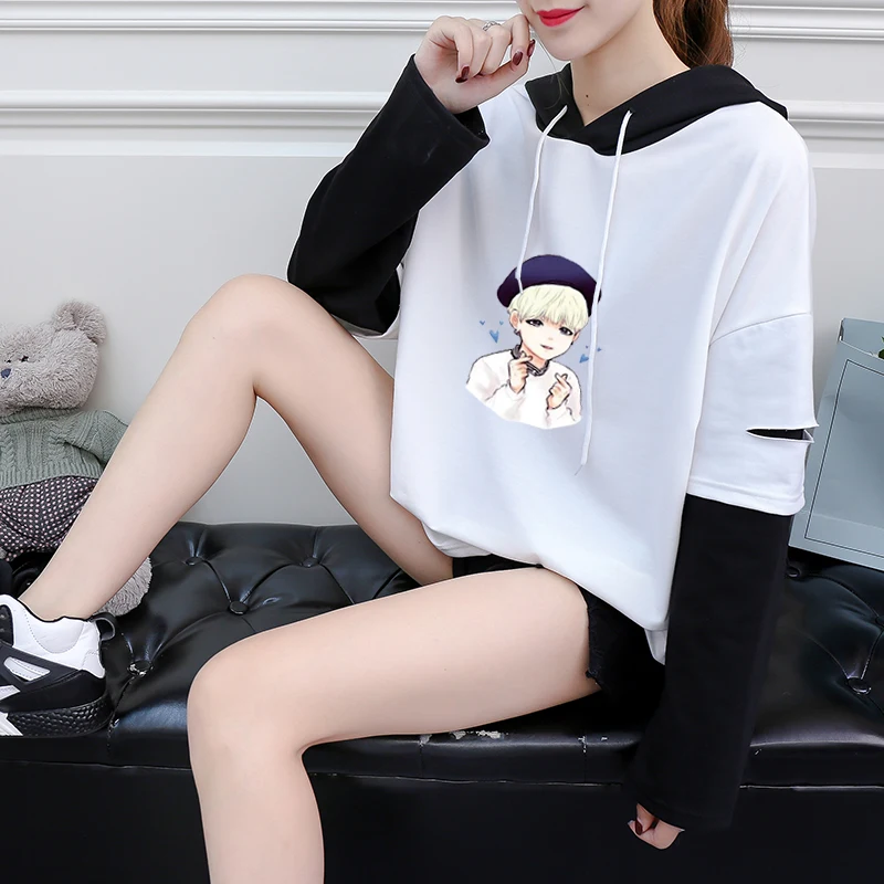 Модные СУГА Для женщин майка новый осенний Kpop каваи мультфильм печати с длинным рукавом Сращивание