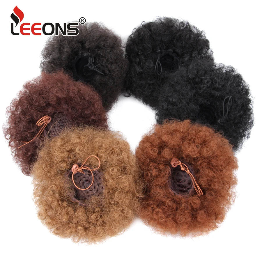 Leeons Synthetic Drawstring Ponytail Puff Kinky curly Ponytail Extensions High Ponytail Hairpieces Brown False Fake Hair Bun