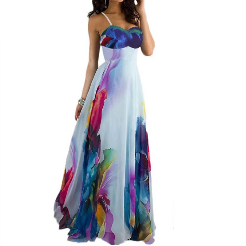 Летнее Модное Длинное платье без бретелек с открытыми плечами и цветочным