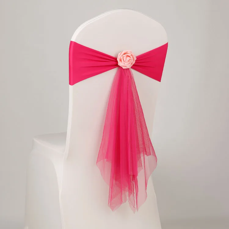 

Fuchsia Colour Spandex Sashes With Rose Ball Artifical Flower And Organza Chair Sash Wedding Lycra Bow Tie Band Wholesale