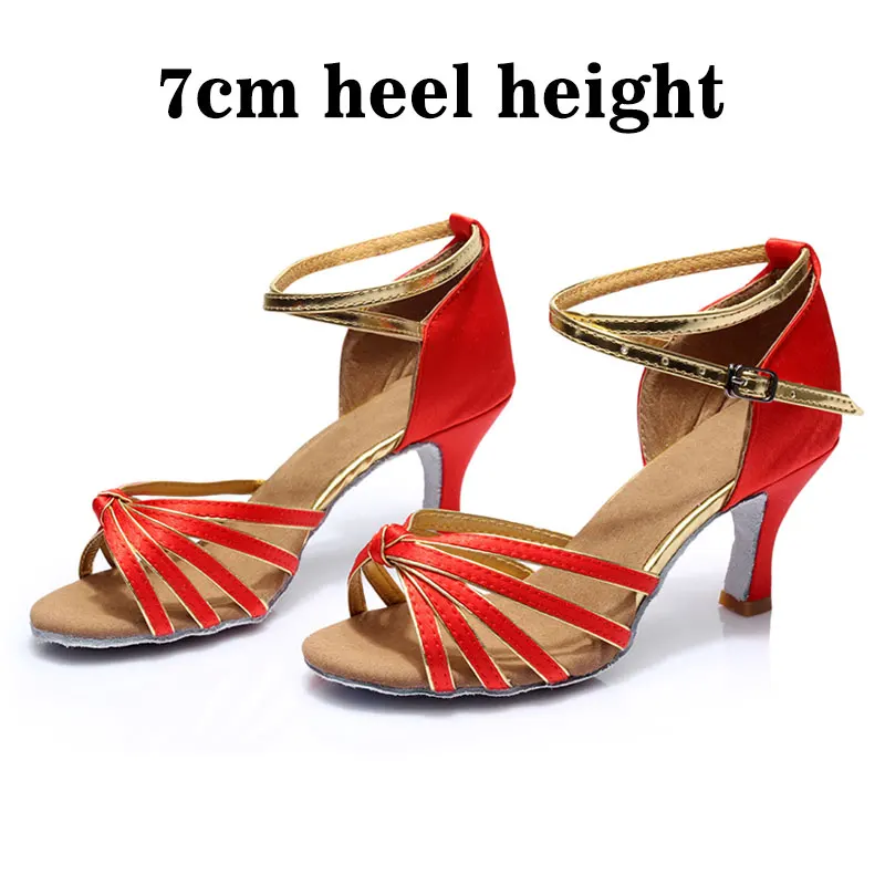 7cm-Red Gold HoYeeLin/Женская обувь для танцев с открытым носком, Бальные вечерние туфли для латиноамериканских танцев сальса Румба, 13 цветов, на каблуке 7 см - Цвет: 7cm-Red Gold