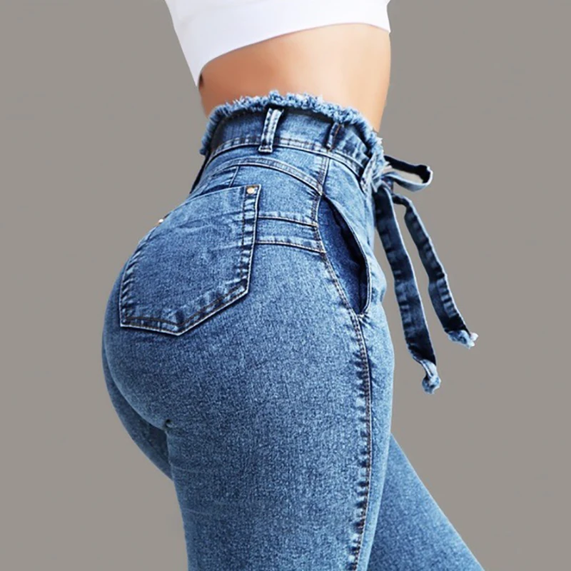 2020 Summer High Waist denim jeans womens Streetwear Bandage Skinny Stretch Pencil Pants Mom Jeans Mujer Plus Size | Женская одежда